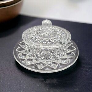 Crystal Condiment Bowl Dish Jam Sugar Tray Lid Spoon Hole Sparkle Two Piece